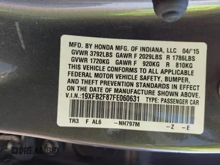 2015 Honda Civic EX with VIN 19XFB2F87FE060631, listed as a IAAI auction lot 41943697 with Not Provided miles and . Bid and sale history available at carsss.com. Image 9.