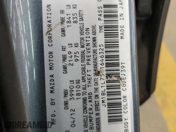 2012 Mazda 3 i Touring with VIN JM1BL1L75C1646325, listed as a Copart auction lot 52980395 with 102,224 mi miles and Salvage Title. Bid and sale history available at DreamBid. Image 14.