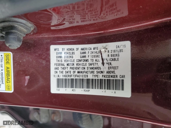 2015 Honda Accord Hybrid Touring with VIN 1HGCR6F73FA010326, listed as a Copart auction lot 42527705 with 0 mi miles and Clean Title. Bid and sale history available at carsss.com. Image 12.