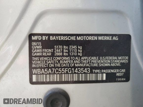 2015 BMW 5 Series 528i xDrive with VIN WBA5A7C55FG143543, listed as a Copart auction lot 45750425 with 93,435 mi miles and Salvage Title. Bid and sale history available at carsss.com. Image 12.