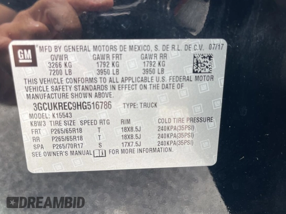 2017 Chevrolet Silverado 1500 LT with VIN 3GCUKREC9HG516786, listed as a Copart auction lot 55291505 with 110,643 mi miles and Clean Title. Bid and sale history available at DreamBid. Image 10.