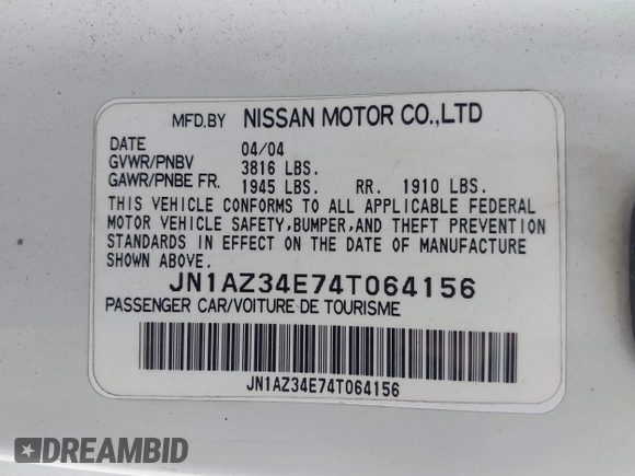 2004 Nissan 350Z Touring with VIN JN1AZ34E74T064156, listed as a IAAI auction lot 41498213 with 148,370 mi miles. Bid and sale history available at carsss.com. Image 9.