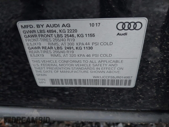 2018 Audi Q3 Premium Plus with VIN WA1JCCFS5JR014957, listed as a IAAI auction lot 41099133 with 73,905 mi miles. Bid and sale history available at carsss.com. Image 9.