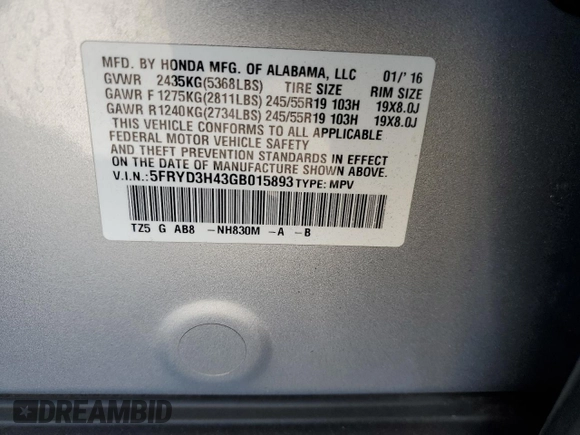 2016 Acura MDX w/Tech with VIN 5FRYD3H43GB015893, listed as a Copart auction lot 89401505 with 125,196 mi miles and Salvage Title. Bid and sale history available at carsss.com. Image 13.