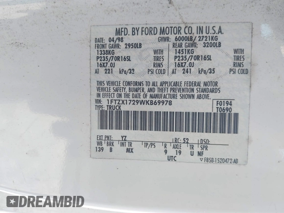 1998 Ford F-150 с VIN 1FTZX1729WKB69978, выставлен на аукционе IAAI как лот 41833491 с пробегом 145 620 миль миль и . История ставок и продаж доступна на DreamBid. Изображение 9.