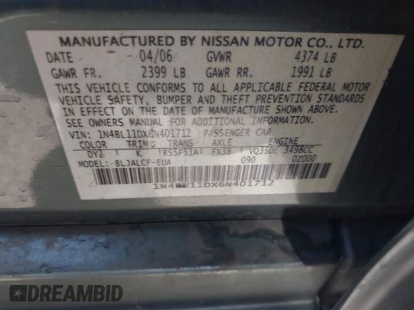 2006 Nissan Altima SE z VIN 1N4BL11DX6N401712, wystawiony jako IAAI lot #42350080 z przebiegiem 170 888 mil mil oraz . Historia ofert i sprzedaży dostępna na DreamBid. Obrazek 9.