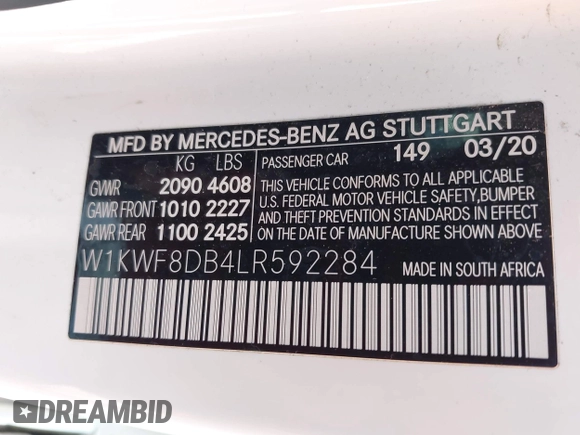 2020 Mercedes-Benz C 300 with VIN W1KWF8DB4LR592284, listed as a IAAI auction lot 42345831 with 66,281 mi miles and . Bid and sale history available at DreamBid. Image 9.