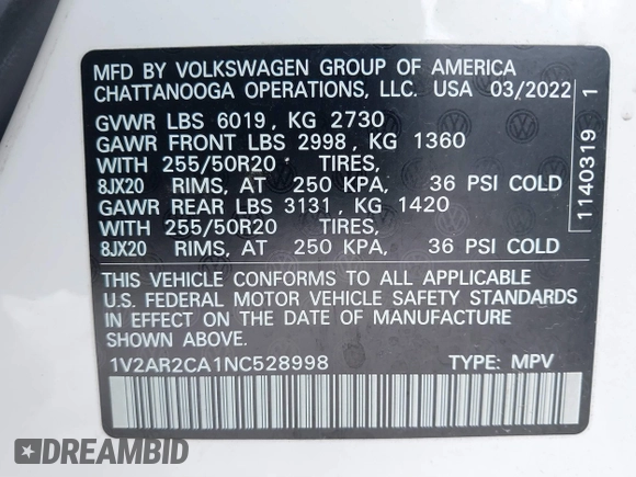 2022 Volkswagen Atlas 3.6L V6 SEL R-Line with VIN 1V2AR2CA1NC528998, listed as a IAAI auction lot 41405286 with 35,271 mi miles. Bid and sale history available at carsss.com. Image 9.