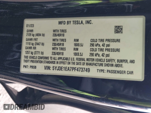 2023 Tesla Model 3 with VIN 5YJ3E1EA7PF473749, listed as a IAAI auction lot 41921478 with 21,483 mi miles and . Bid and sale history available at DreamBid. Image 9.