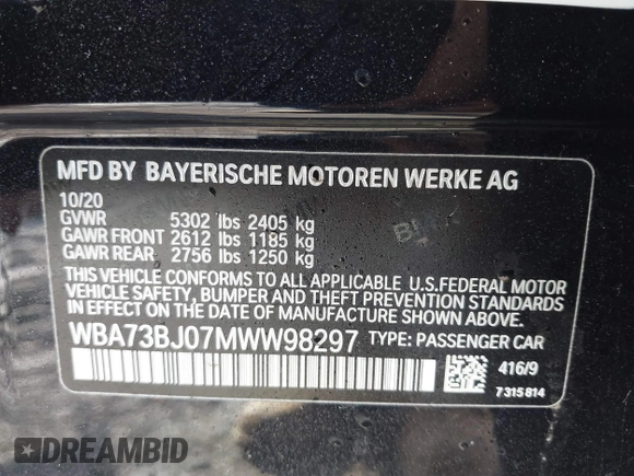 2021 BMW 5 Series 540i xDrive with VIN WBA73BJ07MWW98297, listed as a IAAI auction lot 41476777 with 47,693 mi miles and . Bid and sale history available at DreamBid. Image 9.