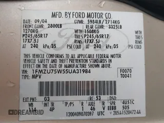2005 Ford Explorer Limited with VIN 1FMZU75W55UA31984, listed as a IAAI auction lot 41527771 with 238,370 mi miles and . Bid and sale history available at DreamBid. Image 9.