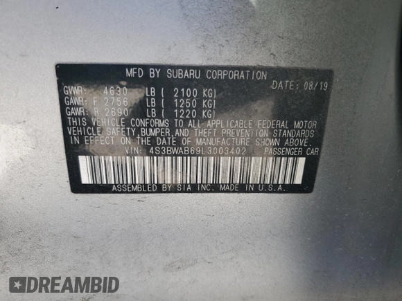 2020 Subaru Legacy with VIN 4S3BWAB69L3003402, listed as a Copart auction lot 42905925 with 69,092 mi miles and Salvage Title. Bid and sale history available at DreamBid. Image 13.