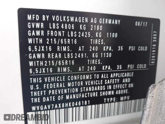 2017 Volkswagen Tiguan S with VIN WVGAV7AX8HK046181, listed as a IAAI auction lot 42493160 with 65,609 mi miles and . Bid and sale history available at DreamBid. Image 9.