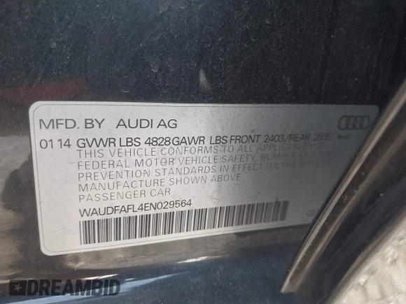 2014 Audi A4 Premium z VIN WAUDFAFL4EN029564, wystawiony jako IAAI lot #41907949 z przebiegiem 111 740 mil mil oraz . Historia ofert i sprzedaży dostępna na DreamBid. Obrazek 9.