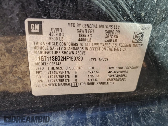 2017 GMC Sierra 1500 with VIN 1GT11SEG2HF159789, listed as a Copart auction lot 73645534 with 122,114 mi miles and Clean Title. Bid and sale history available at DreamBid. Image 13.