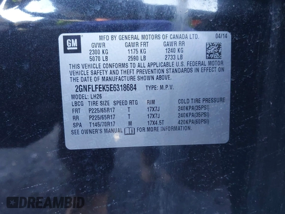 2014 Chevrolet Equinox LT z VIN 2GNFLFEK5E6318684, wystawiony jako IAAI lot #41988931 z przebiegiem 60 837 mil mil oraz . Historia ofert i sprzedaży dostępna na DreamBid. Obrazek 9.