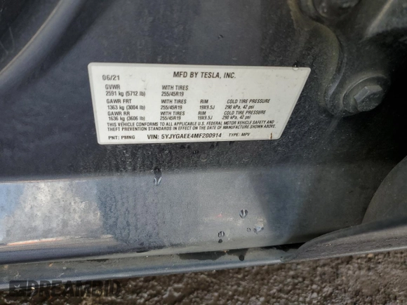 2021 Tesla Model Y Long Range with VIN 5YJYGAEE4MF200914, listed as a Copart auction lot 46946845 with 116,370 mi miles and Salvage Title. Bid and sale history available at DreamBid. Image 12.