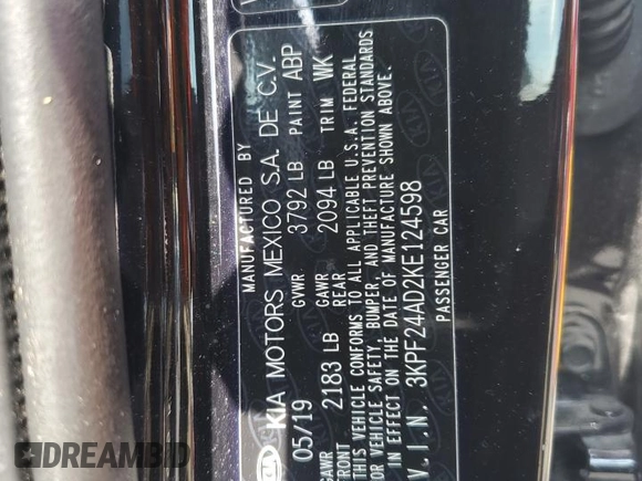 2019 Kia Forte LXS with VIN 3KPF24AD2KE124598, listed as a Copart auction lot 64188155 with 83,011 mi miles and Salvage title. Bid and sale history available at DreamBid. Image 12.