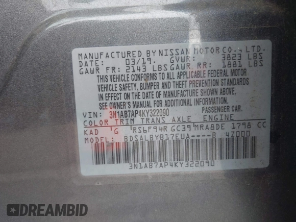 2019 Nissan Sentra SV with VIN 3N1AB7AP4KY322090, listed as a IAAI auction lot 41997982 with 64,328 mi miles. Bid and sale history available at carsss.com. Image 9.