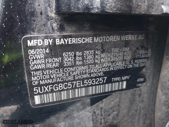 2014 BMW X6 50i with VIN 5UXFG8C57EL593257, listed as a IAAI auction lot 41655486 with 128,292 mi miles. Bid and sale history available at carsss.com. Image 9.