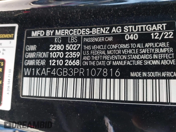 2023 Mercedes-Benz C 300 with VIN W1KAF4GB3PR107816, listed as a IAAI auction lot 41288528 with 70,052 mi miles and . Bid and sale history available at DreamBid. Image 9.