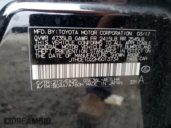 2017 Lexus IS 350 with VIN JTHCE1D22H5013734, listed as a Copart auction lot 80974524 with 89,820 mi miles and Salvage title. Bid and sale history available at DreamBid. Image 12.