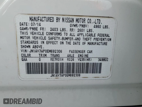 2014 Infiniti Q50 Hybrid Premium with VIN JN1AV7AP0EM692306, listed as a Copart auction lot 63067025 with 83,452 mi miles and Clean title. Bid and sale history available at DreamBid. Image 12.