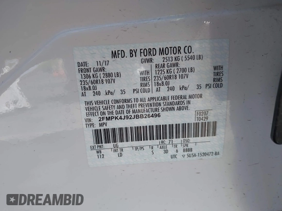 2018 Ford Edge SEL with VIN 2FMPK4J92JBB26496, listed as a IAAI auction lot 41999860 with 49,660 mi miles. Bid and sale history available at carsss.com. Image 9.