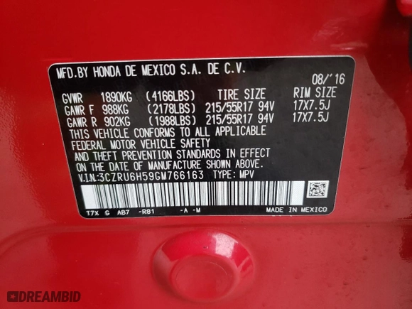 2016 Honda HR-V EX with VIN 3CZRU6H59GM766163, listed as a Copart auction lot 43538115 with 78,912 mi miles and Salvage Title. Bid and sale history available at carsss.com. Image 12.