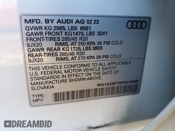 2023 Audi Q7 Premium with VIN WA1AXBF78PD015066, listed as a Copart auction lot 44207735 with 6,432 mi miles and Salvage title. Bid and sale history available at DreamBid. Image 12.