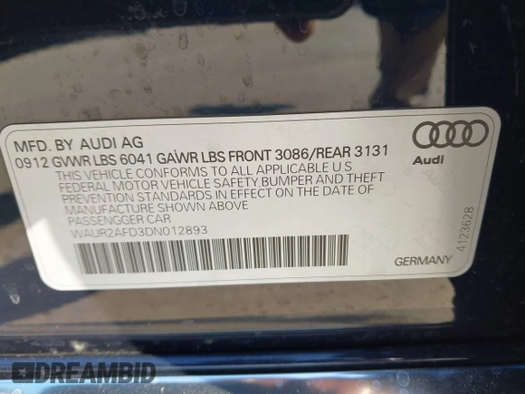2013 Audi A8 L 4.0L with VIN WAUR2AFD3DN012893, listed as a IAAI auction lot 41209419 with 116,990 mi miles. Bid and sale history available at carsss.com. Image 9.