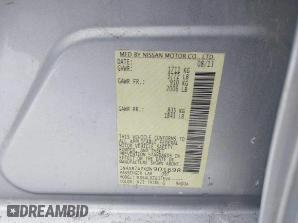 2013 Nissan Sentra SV with VIN 1N4AB7APXDN901698, listed as a IAAI auction lot 41622483 with 156,124 mi miles and . Bid and sale history available at DreamBid. Image 9.