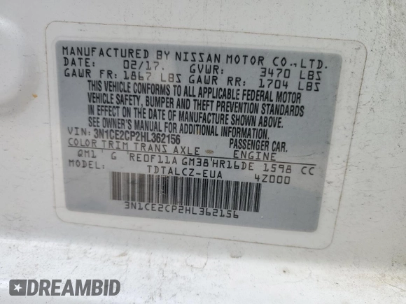 2017 Nissan Note SL z VIN 3N1CE2CP2HL362156, wystawiony jako Copart lot #57580105 z przebiegiem 169 344 mil mil oraz Czysty tytuł • Clean title. Historia ofert i sprzedaży dostępna na DreamBid. Obrazek 12.