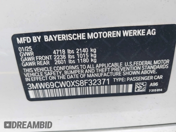 2025 BMW 3 Series 330i with VIN 3MW69CW0XS8F32371, listed as a IAAI auction lot 42630553 with 11,417 mi miles and . Bid and sale history available at DreamBid. Image 9.