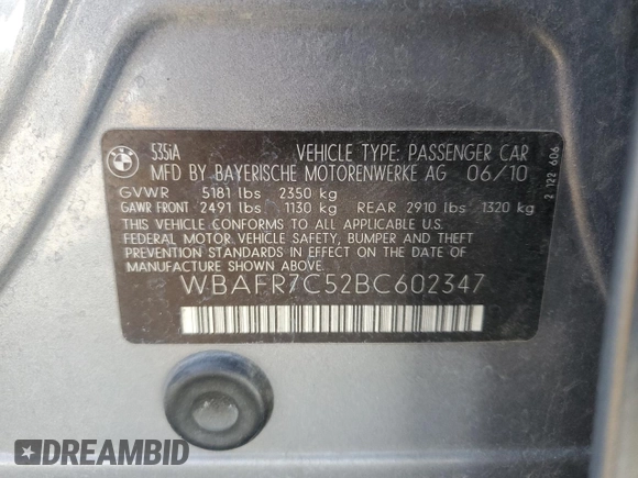 2011 BMW 5 Series 535i with VIN WBAFR7C52BC602347, listed as a Copart auction lot 53147525 with 168,642 mi miles and Salvage Title. Bid and sale history available at carsss.com. Image 12.