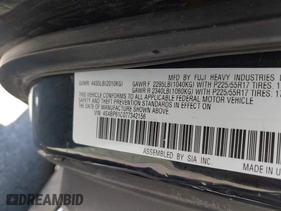 2007 Subaru Legacy Outback with VIN 4S4BP61C077342156, listed as a IAAI auction lot 42607526 with 214,281 mi miles and . Bid and sale history available at DreamBid. Image 9.