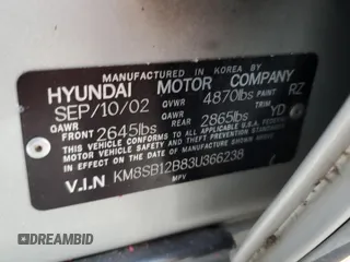 2003 Hyundai Santa Fe with VIN KM8SB12B83U366238, listed as a Copart auction lot 83824904 with 0 mi miles and Salvage Title. Bid and sale history available at carsss.com. Image 14.