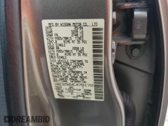 2004 Nissan Frontier XE with VIN 1N6ED29X64C478172, listed as a Copart auction lot 49031985 with 210,354 mi miles and Salvage title. Bid and sale history available at DreamBid. Image 14.
