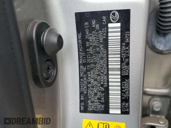 2017 Lexus ES 350 with VIN 58ABK1GG3HU069687, listed as a Copart auction lot 60695235 with 77,804 mi miles and Salvage title. Bid and sale history available at DreamBid. Image 12.