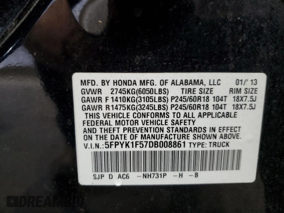 2013 Honda Ridgeline RTL with VIN 5FPYK1F57DB008861, listed as a Copart auction lot 55998335 with 226,567 mi miles and Salvage title. Bid and sale history available at DreamBid. Image 13.