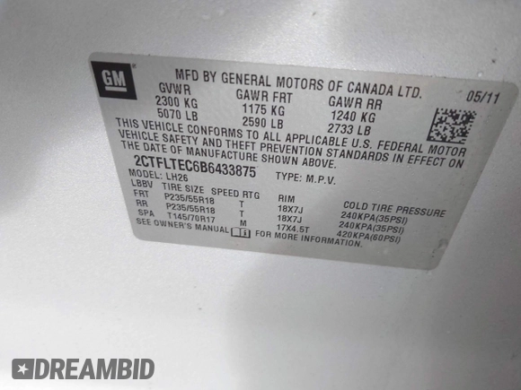 2011 GMC Terrain SLE-2 with VIN 2CTFLTEC6B6433875, listed as a IAAI auction lot 41468550 with 172,793 mi miles. Bid and sale history available at carsss.com. Image 9.