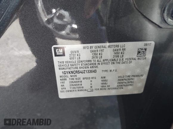 2018 Cadillac XT5 Luxury FWD with VIN 1GYKNCRS4JZ133643, listed as a IAAI auction lot 41916134 with 68,005 mi miles and . Bid and sale history available at carsss.com. Image 9.