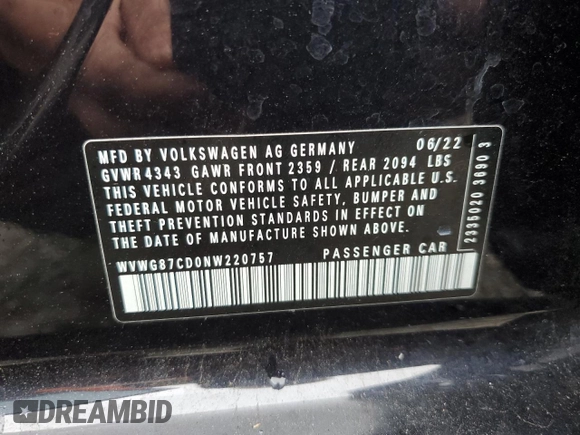 2022 Volkswagen Golf GTI S with VIN WVWG87CD0NW220757, listed as a Copart auction lot 75849714 with 21,683 mi miles and Salvage Title. Bid and sale history available at carsss.com. Image 13.
