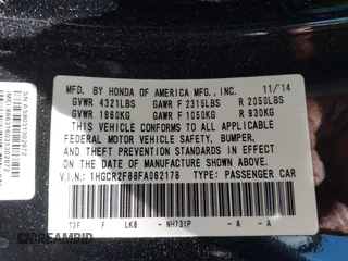 2015 Honda Accord EX-L with VIN 1HGCR2F88FA062178, listed as a IAAI auction lot 42315489 with 145,659 mi miles and . Bid and sale history available at DreamBid. Image 9.