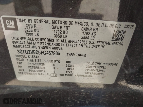 2015 GMC Sierra 1500 SLT with VIN 3GTU2VEC5FG457905, listed as a IAAI auction lot 42026975 with 160,637 mi miles and . Bid and sale history available at DreamBid. Image 9.