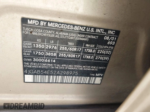 2002 Mercedes-Benz M 320/430/500 z VIN 4JGAB54E52A298975, wystawiony jako IAAI lot #41985135 z przebiegiem 278 592 mil mil oraz . Historia ofert i sprzedaży dostępna na DreamBid. Obrazek 9.