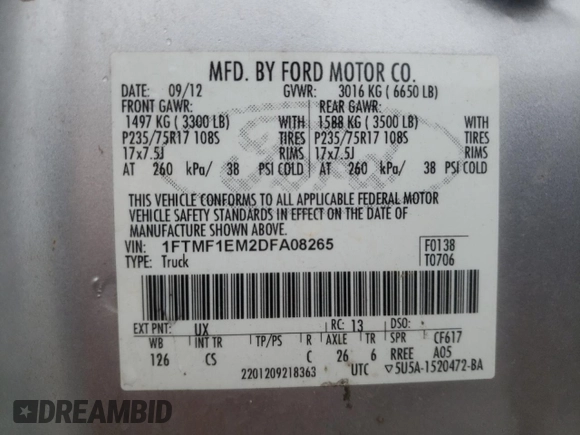 2013 Ford F-150 XL with VIN 1FTMF1EM2DFA08265, listed as a Copart auction lot 80313044 with 275,609 mi miles and Salvage Title. Bid and sale history available at carsss.com. Image 12.