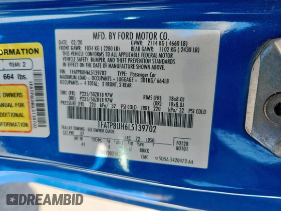 2020 Ford Mustang EcoBoost z VIN 1FATP8UH6L5139702, wystawiony jako Copart lot #63040525 z przebiegiem 74 404 mil mil oraz Nie do naprawy • Non repairable. Historia ofert i sprzedaży dostępna na DreamBid. Obrazek 12.