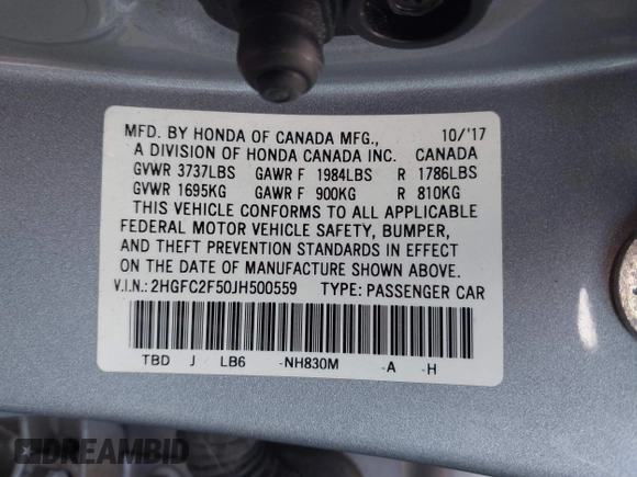 2018 Honda Civic LX with VIN 2HGFC2F50JH500559, listed as a IAAI auction lot 42040271 with 82,026 mi miles and . Bid and sale history available at DreamBid. Image 9.