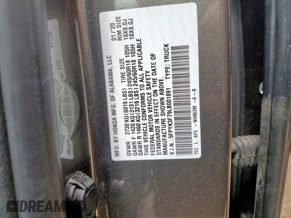 2020 Honda Ridgeline RTL-E with VIN 5FPYK3F79LB001891, listed as a Copart auction lot 58569255 with 34,513 mi miles and Salvage title. Bid and sale history available at DreamBid. Image 12.